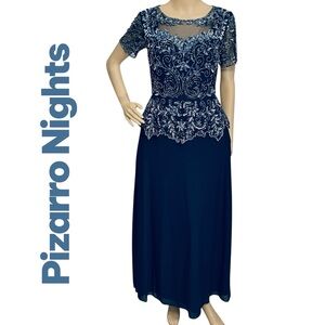 Pisarro Nights Dress Mesh Bodice Evening Gown Navy Flutter Beaded Sequin Sz 4